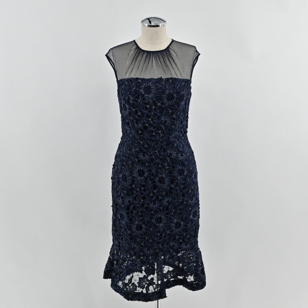 Aidan Mattox‎ Lace Mesh Sheath Dress Womens Size 2 Navy Blue Cocktail Wedding